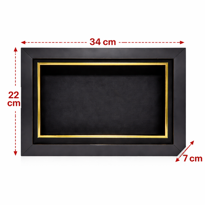 Black frame with gold border and measurements on a white background