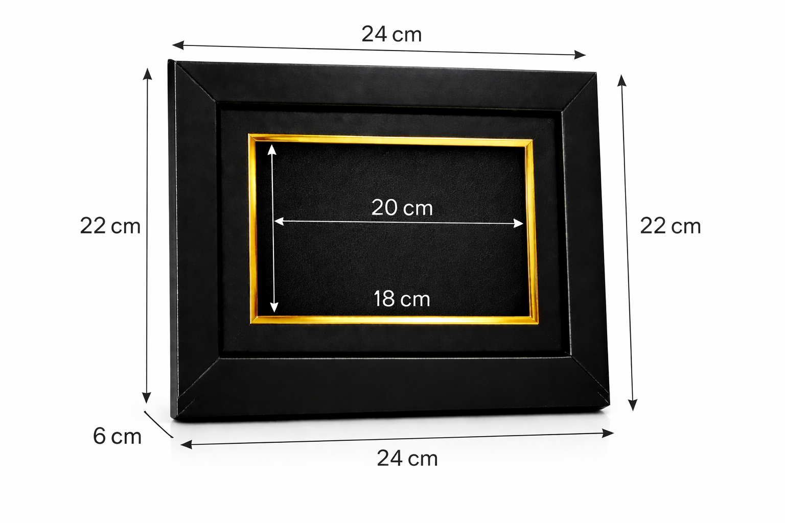Black picture frame with gold interior, showing dimensions on a white background