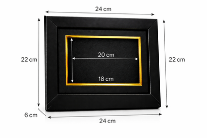 Black picture frame with gold interior, showing dimensions on a white background