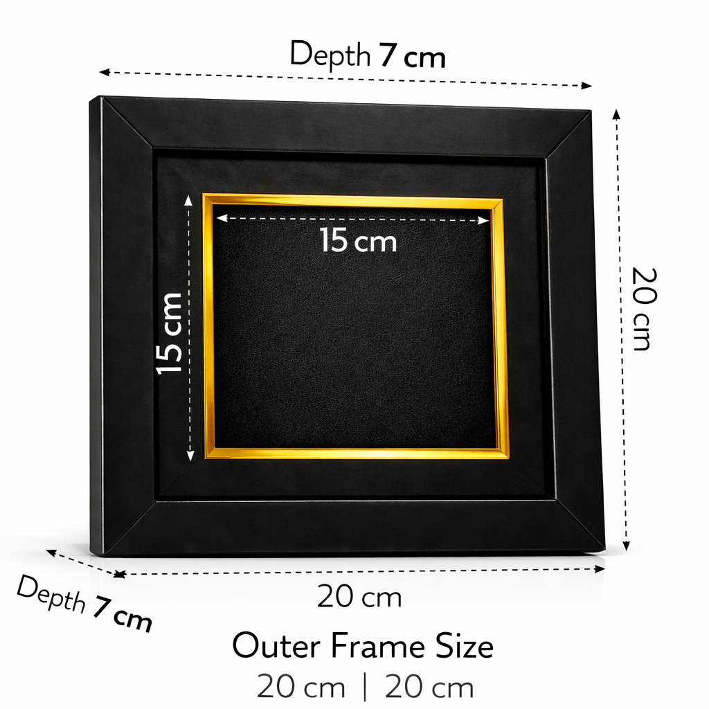 Black picture frame with gold accent, showing dimensions on a white background