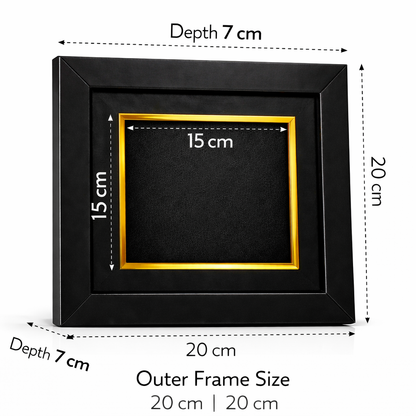 Black picture frame with gold accent, showing dimensions on a white background