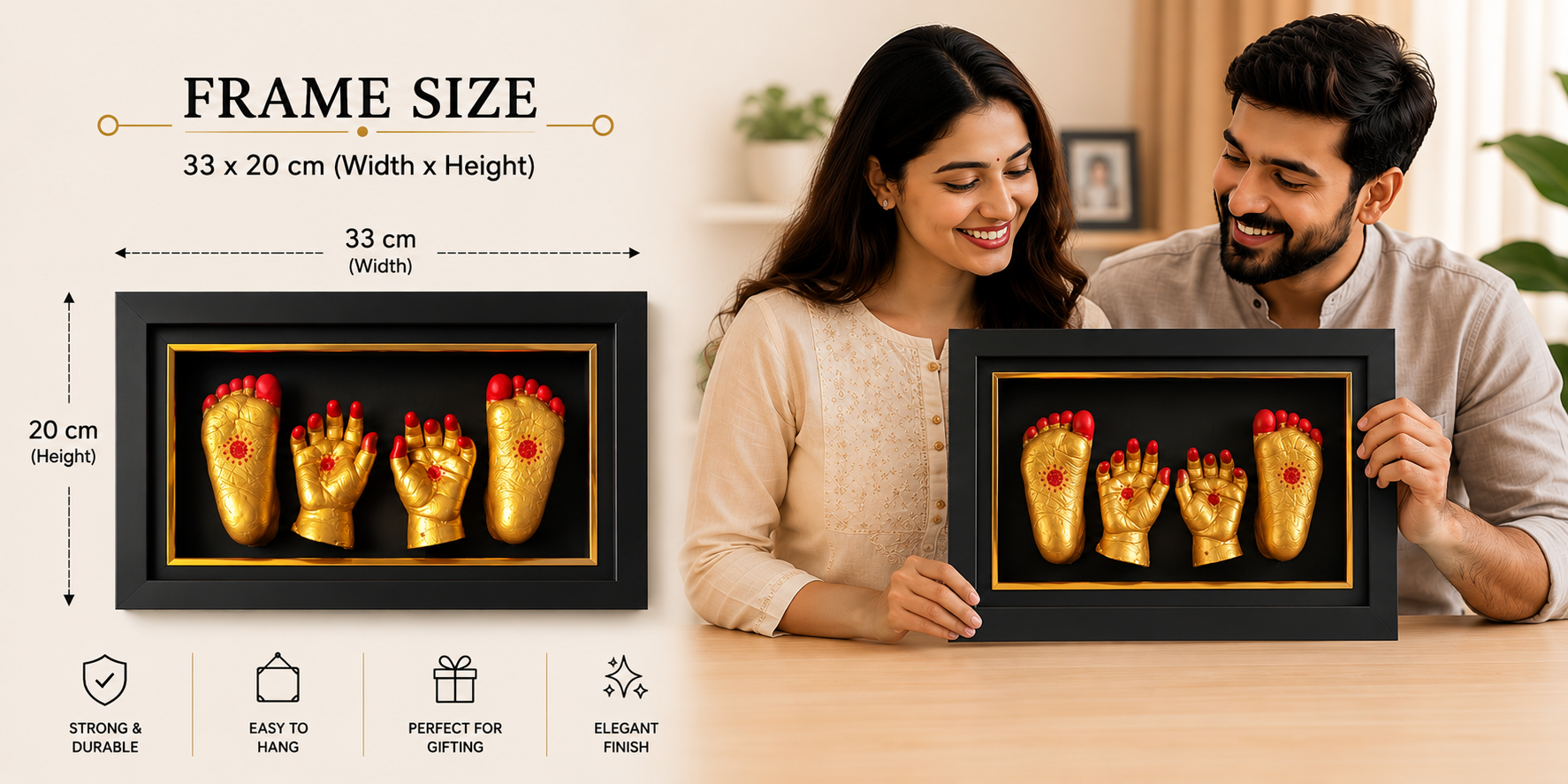 Man and woman holding a framed artwork of feet, with frame size details on the left.